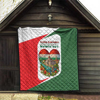 Wall-hung quilt with Budapest heart graphic in red, white, and green