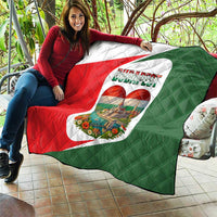 Quilted outdoor throw featuring Budapest heart illustration, red and green