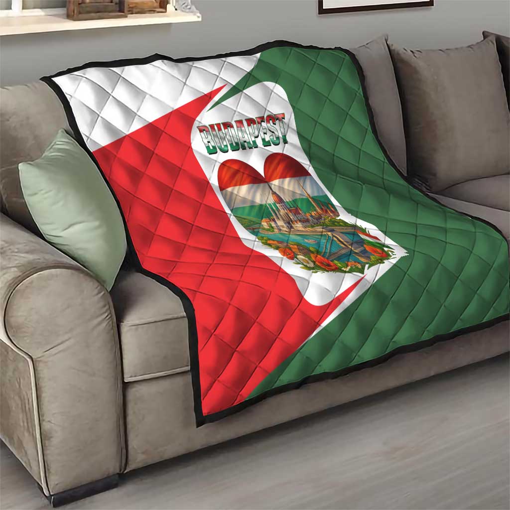 Quilted sofa throw with Budapest heart design in red, white, and green