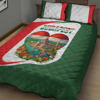 Red, green and white quilt bed set featuring Budapest heart design with cityscape and flowers