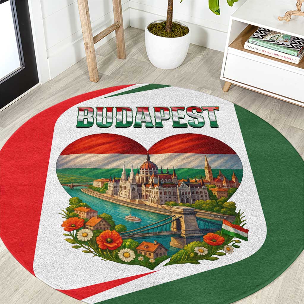 Hungary Round Carpet with Budapest Heart Illustration Design and Crown Emblem - Wonder Print Shop
