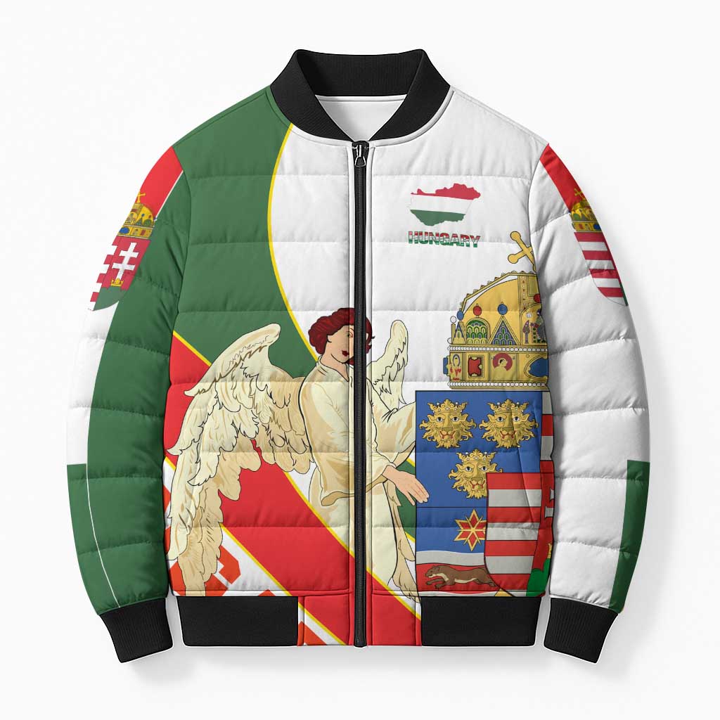 Hungary Bomber Puffer Jacket with Knight and Angel Illustration Design and National Crest - Wonder Print Shop