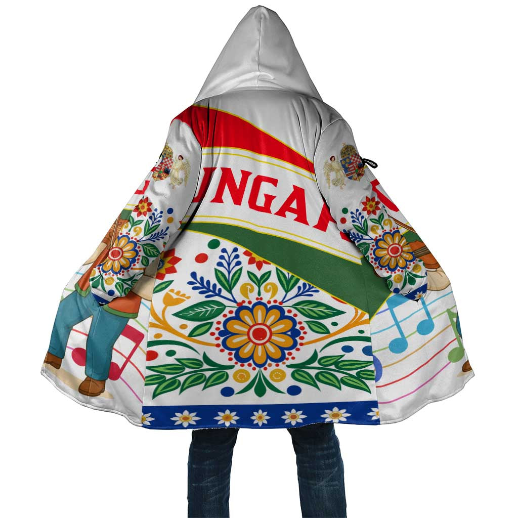 Hooded cloak with colorful Hungary folk musicians and floral pattern, front view