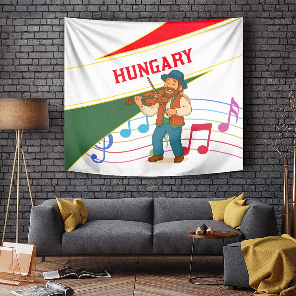 White tapestry with cartoon violinist, musical notes, and HUNGARY text