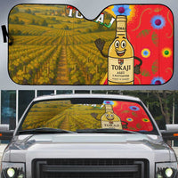 Car sun shade with vineyard and Tokaj wine-bottle graphic, multicolor, for windshield