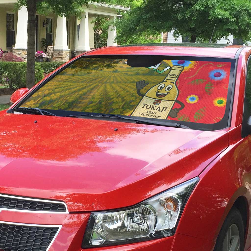 Windshield sun shade for car with vineyard, flowers, and Tokaj wine-bottle graphic