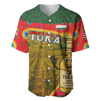 Multicolor baseball jersey with green collar and Tokaj vineyard bottle character graphic