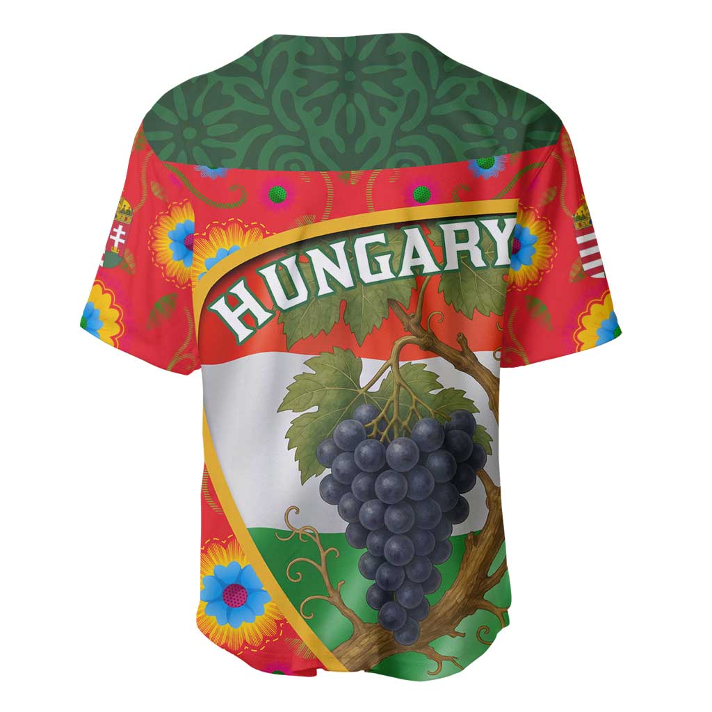 Multicolor baseball jersey back with HUNGARY text and grapevine bunch graphic
