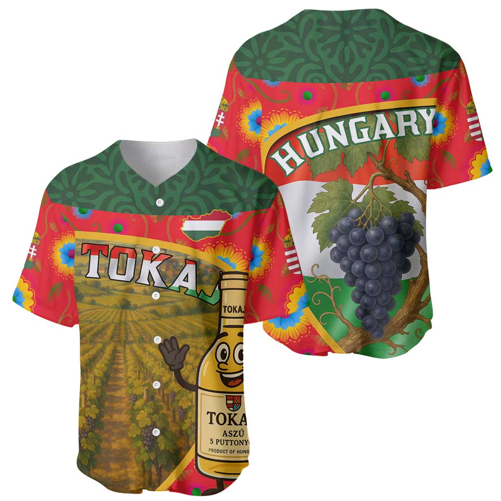 Two multicolor baseball jerseys: Tokaj bottle character and HUNGARY grapes graphic