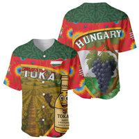 Two multicolor baseball jerseys: Tokaj bottle character and HUNGARY grapes graphic