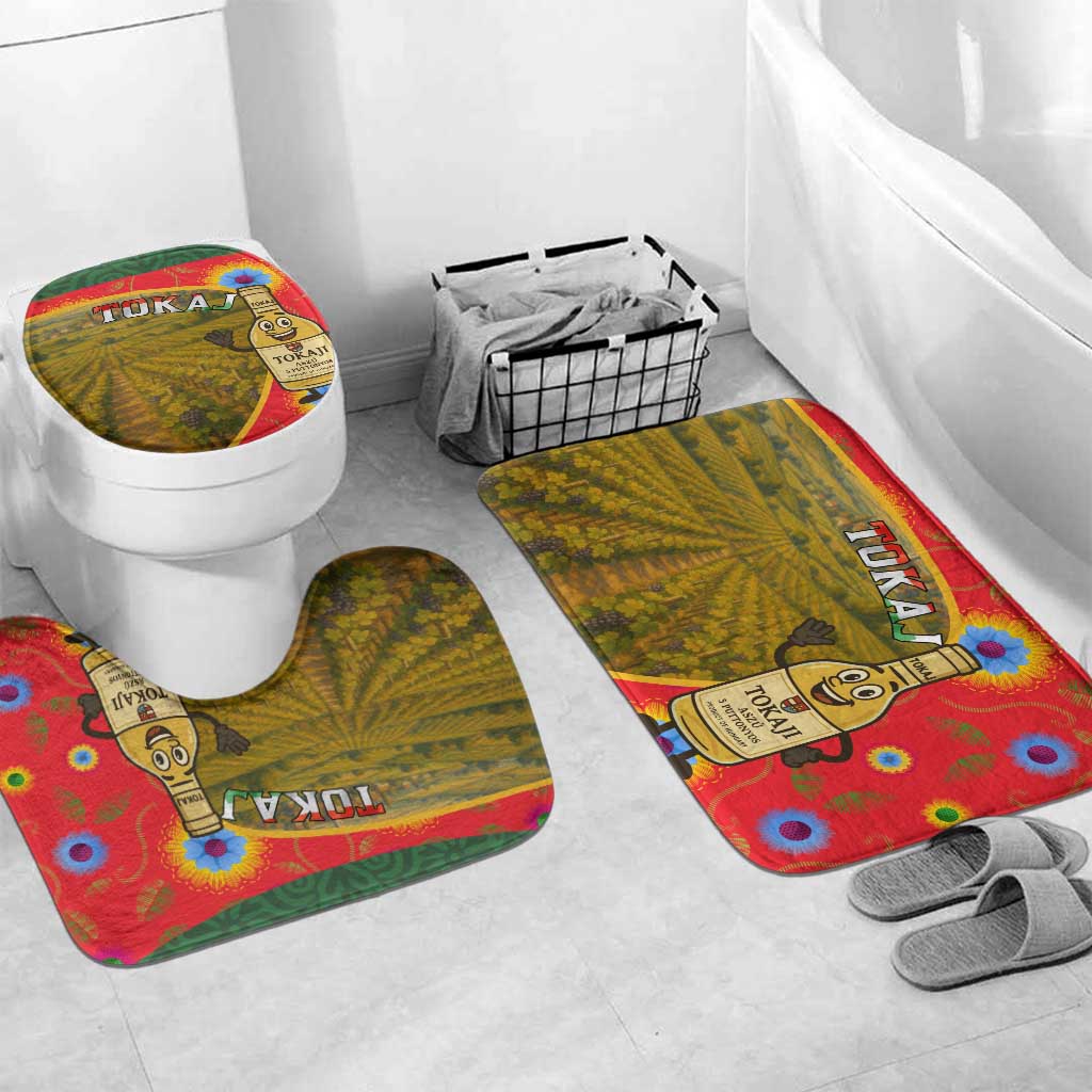 Multicolor bathroom mat set with matching Tokaj wine bottle mascot design