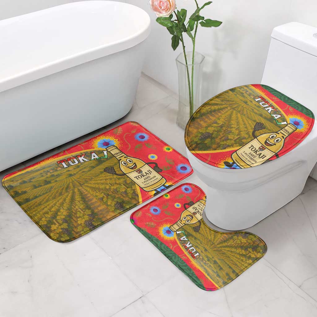 Multicolor bathroom rug set featuring vineyard rows and Tokaj wine bottle mascot
