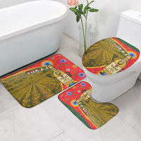 Multicolor bathroom rug set featuring vineyard rows and Tokaj wine bottle mascot