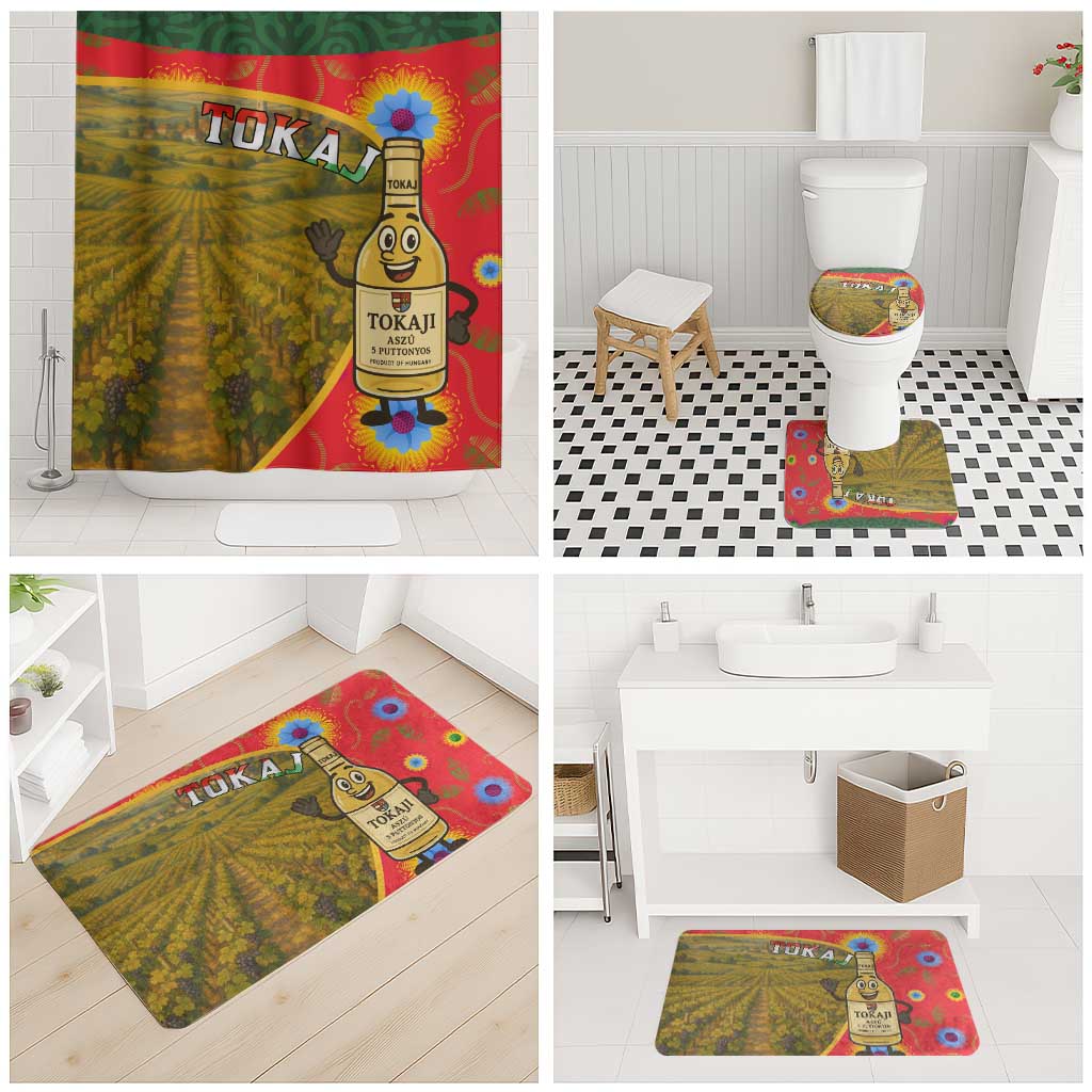 Multicolor bathroom set showing shower curtain plus coordinating floor mats