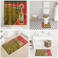 Multicolor bathroom set showing shower curtain plus coordinating floor mats