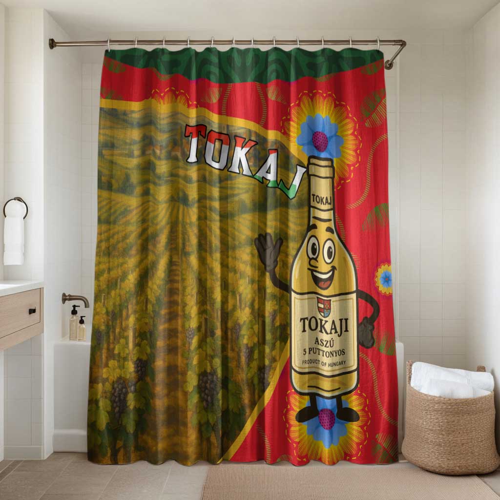 Multicolor shower curtain with Tokaj vineyard scene and wine bottle mascot print