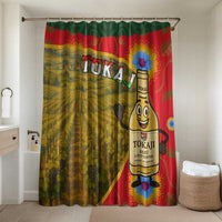 Multicolor shower curtain with Tokaj vineyard scene and wine bottle mascot print