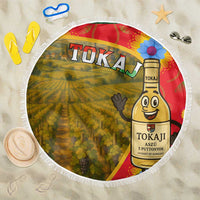 Round beach blanket with vineyard and Tokaj wine bottle illustration, white fringe edge