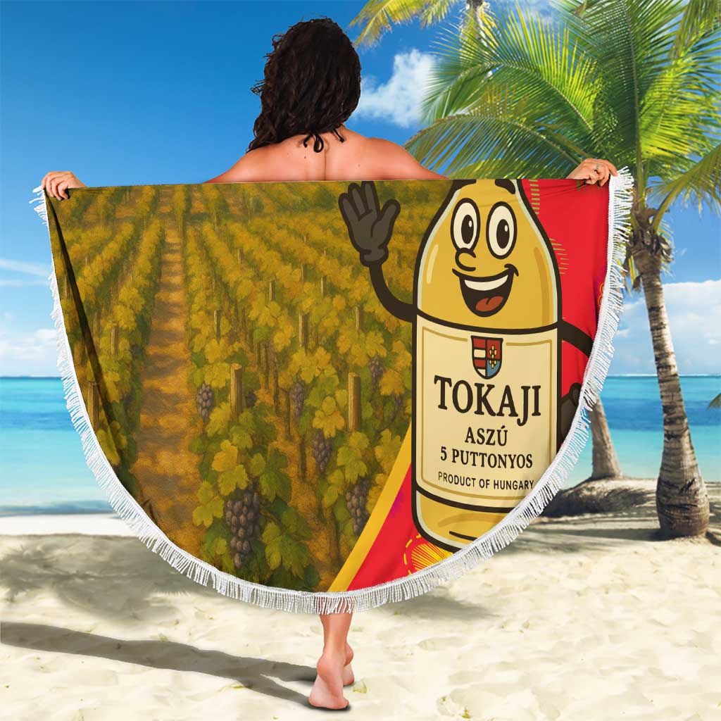 Round beach blanket held outdoors, vineyard and Tokaj bottle cartoon with white fringe