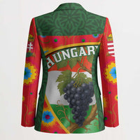 Multicolor back of blazer with green patterned yoke and grape bunch graphic