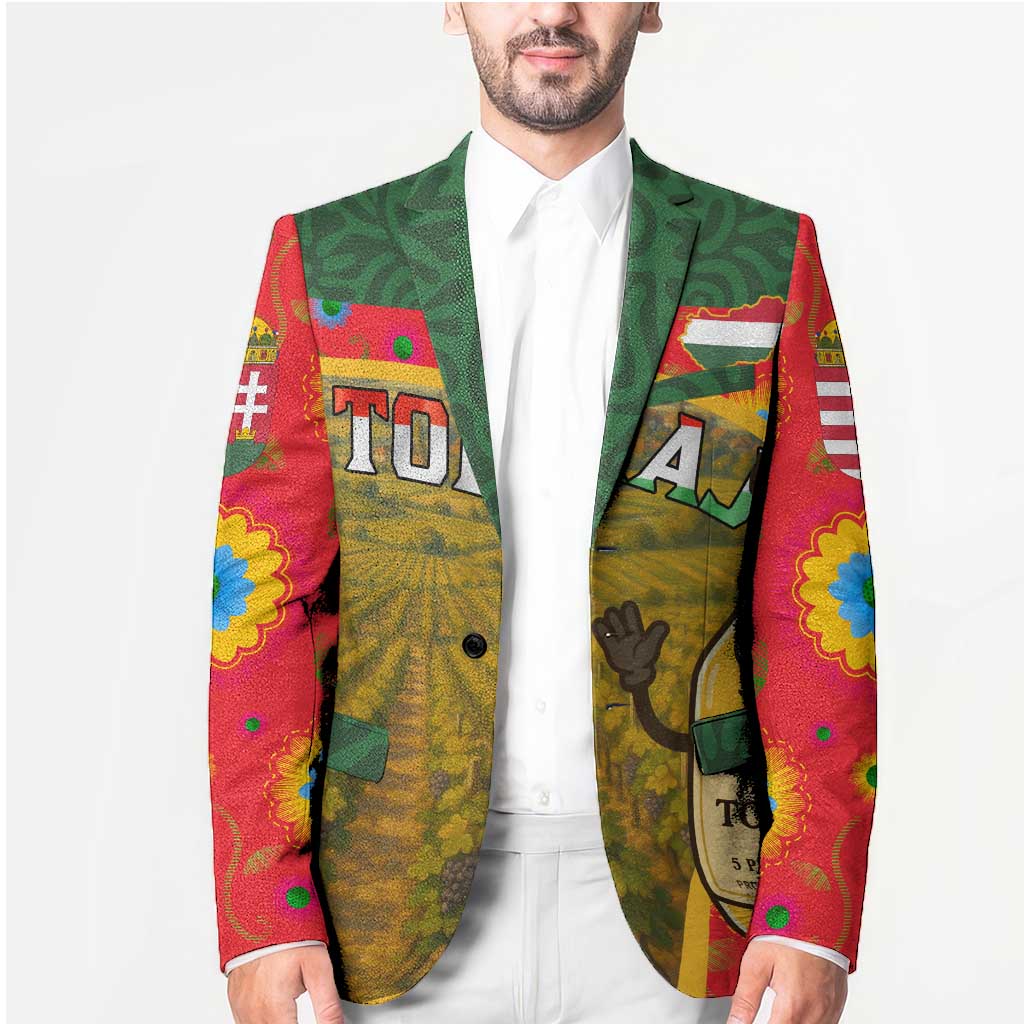Multicolor blazer worn with white shirt; front lapels and grape illustration panel
