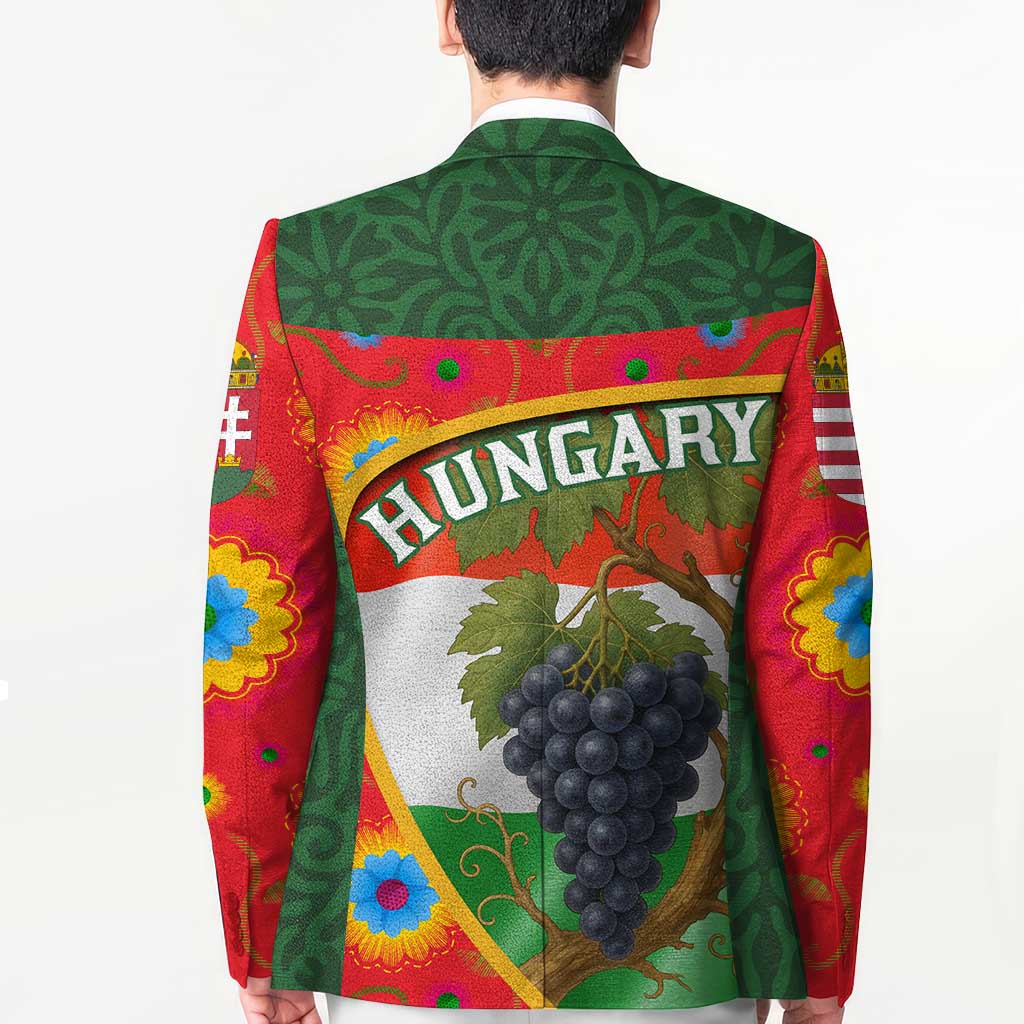 Back view of multicolor blazer with Hungary graphic and large grape bunch
