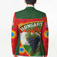 Back view of multicolor blazer with Hungary graphic and large grape bunch