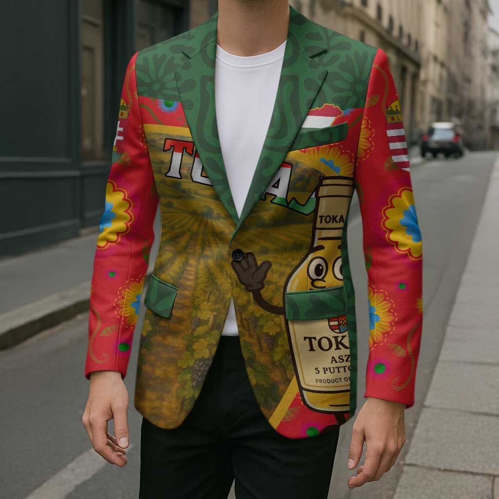 Multicolor blazer worn outdoors; front button closure with vineyard and wine label graphic