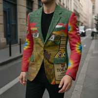 Multicolor blazer worn with black shirt; front lapels and vineyard grape artwork