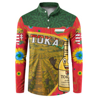 Men's button sweatshirt with multicolor Tokaj vineyard bottle graphic, green collar