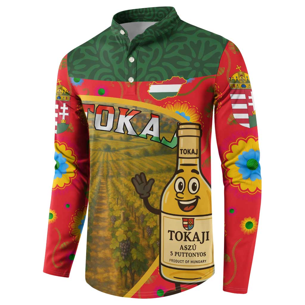 Men's button sweatshirt with Tokaj bottle vineyard illustration, multicolor sleeves