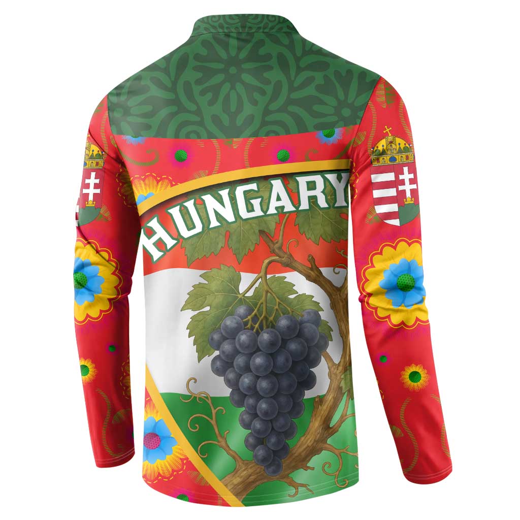 Men's button sweatshirt with multicolor Hungary grape vine graphic, green collar
