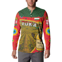 Men's button sweatshirt worn by model, Tokaj vineyard and bottle illustration