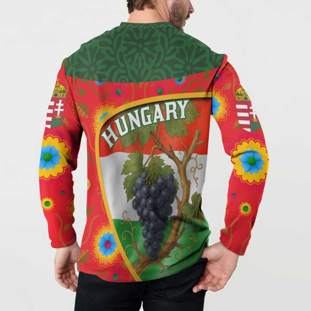Men's button sweatshirt worn by model, Hungary grape vine graphic on back