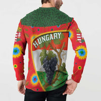 Men's button sweatshirt worn by model, Hungary grape vine graphic on back
