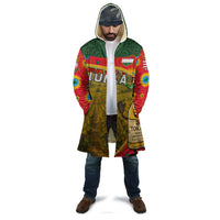 Unisex hooded cloak worn over jeans, colorful Hungary Tokaj grape bottle print