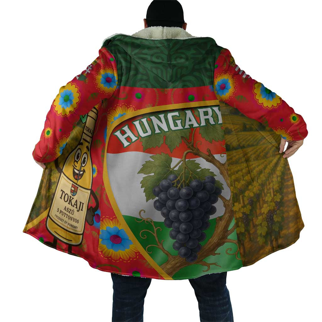 Unisex back view hooded cloak with 'HUNGARY' text and grape vineyard illustration