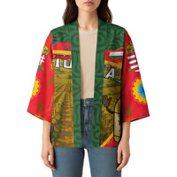 Multicolor unisex Hungary kimono with open front, bottle and vineyard print