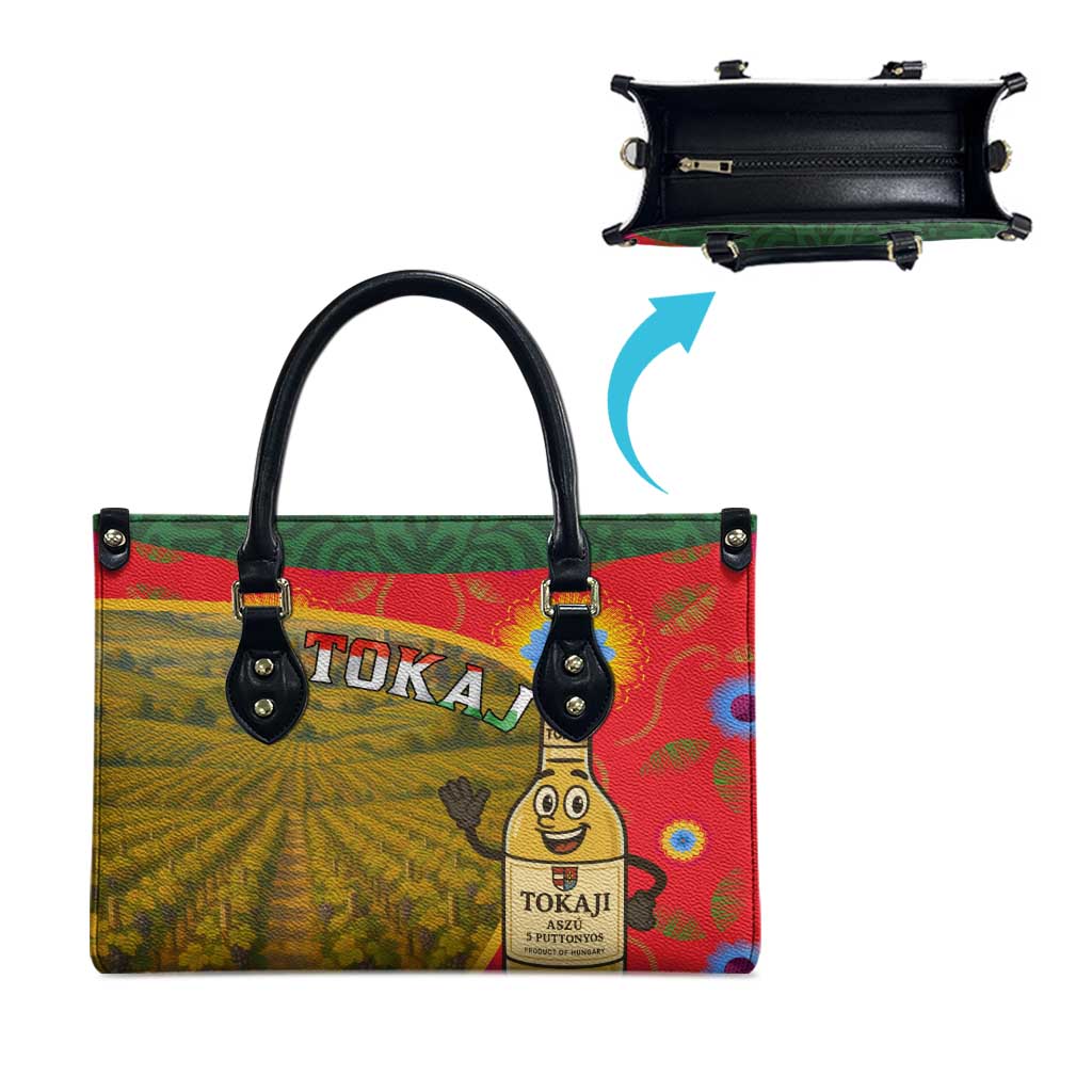 Multicolor tote bag with black handles, Tokaj graphic, and open-top interior view