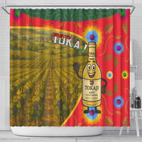 Hungary shower curtain featuring Tokaj bottle, vineyard rows, and bright blue flowers on red