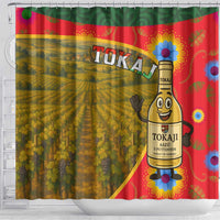 Hungary shower curtain showing Tokaj wine bottle mascot and vineyard rows, green red pattern
