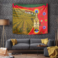 Hungary tapestry with Tokaj vineyard and cartoon wine character, multicolor wall hanging.