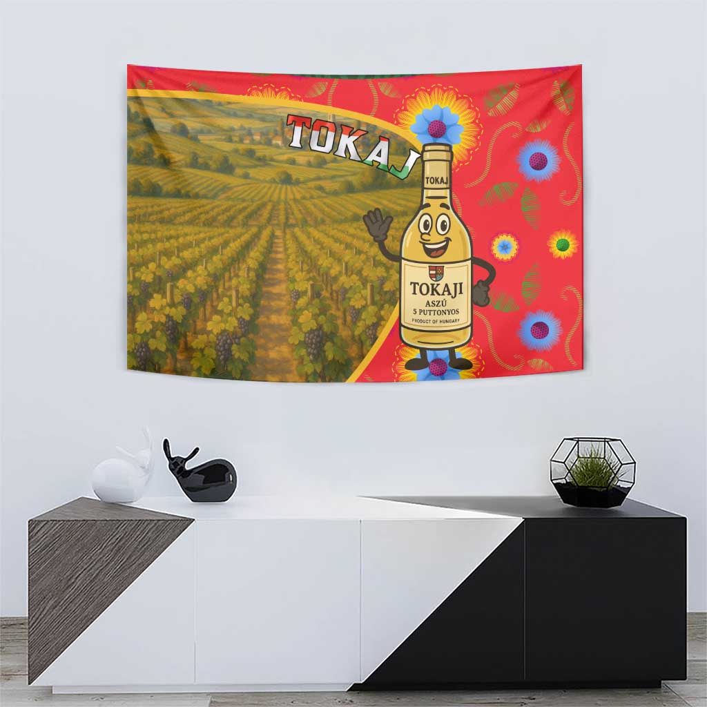 Hungary wall tapestry with Tokaj vineyard scene and smiling wine bottle illustration.