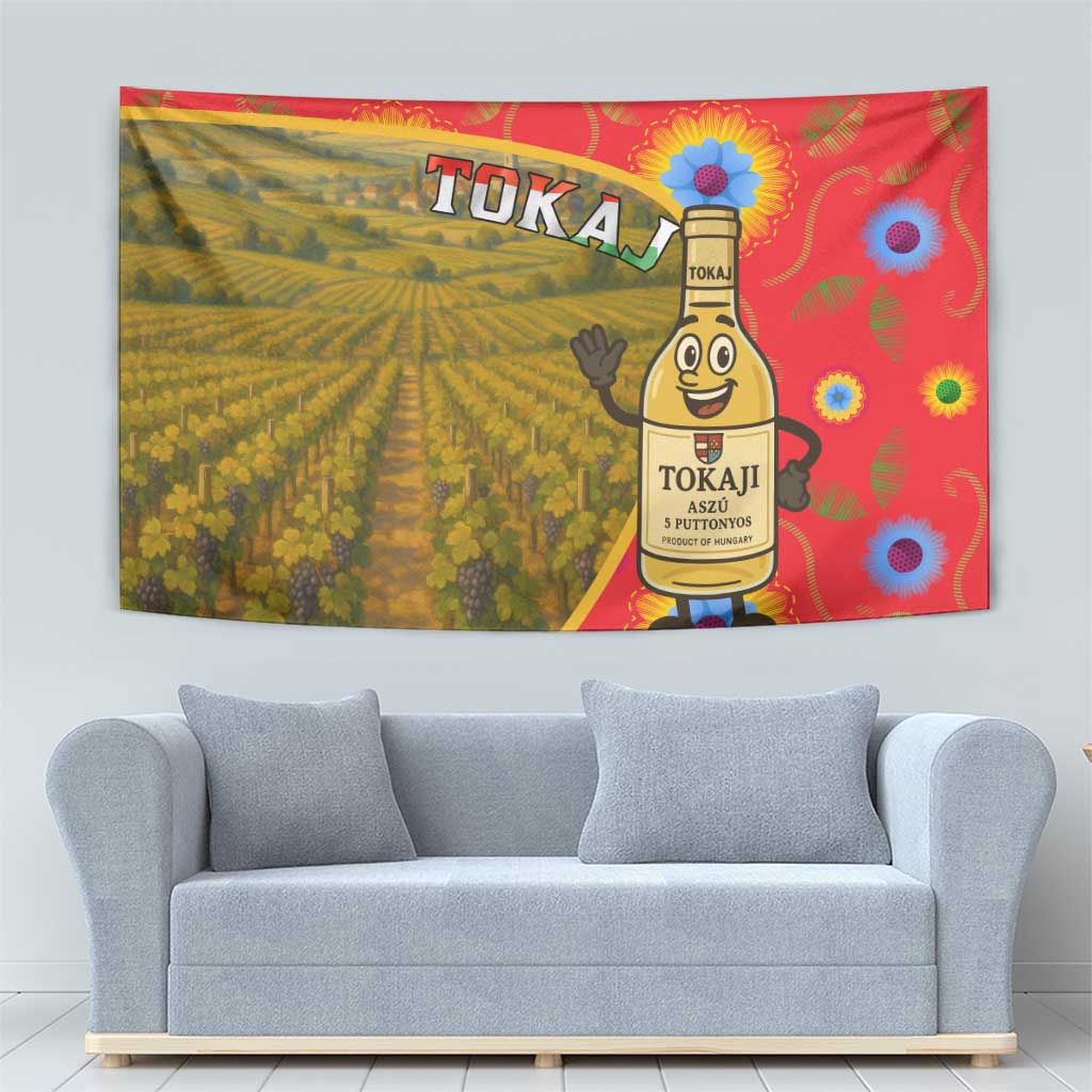 Multicolor Hungary tapestry with Tokaj vineyard and wine character, rectangular wall hanging.