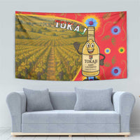 Multicolor Hungary tapestry with Tokaj vineyard and wine character, rectangular wall hanging.