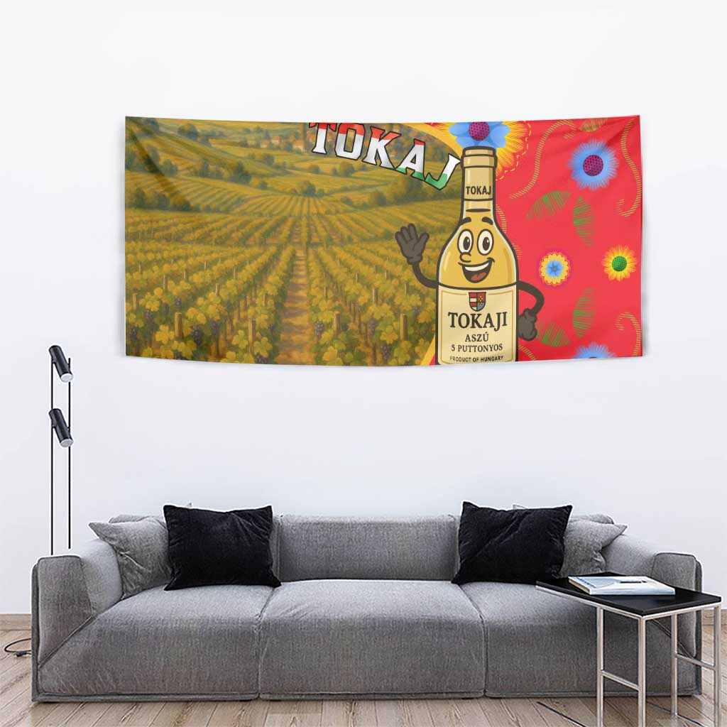 Hungary tapestry showing Tokaj vineyard fields and cartoon wine bottle on a multicolor design.