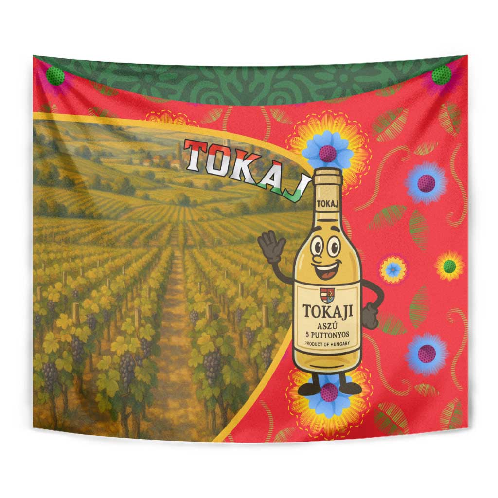 Hungary wall tapestry close-up of Tokaj vineyard and smiling wine bottle illustration.