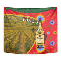 Hungary wall tapestry close-up of Tokaj vineyard and smiling wine bottle illustration.