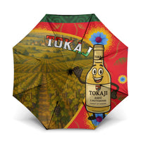 Multicolor umbrella with Tokaji bottle and vineyard illustration design