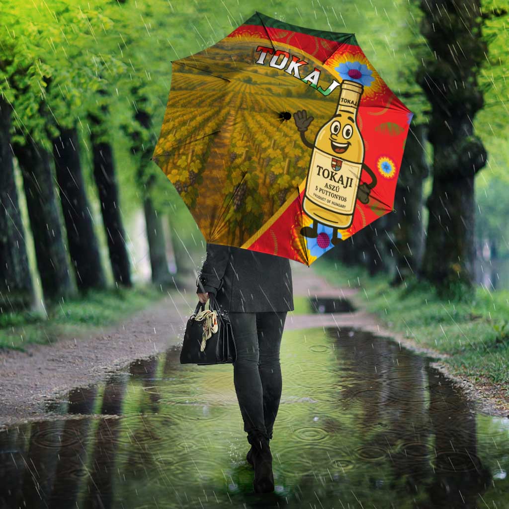 Open Tokaji-themed multicolor umbrella with vineyard canopy and bottle graphic